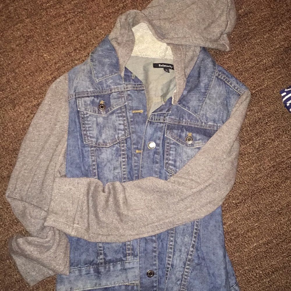 Jean jacket with sweat shirt sleeves
